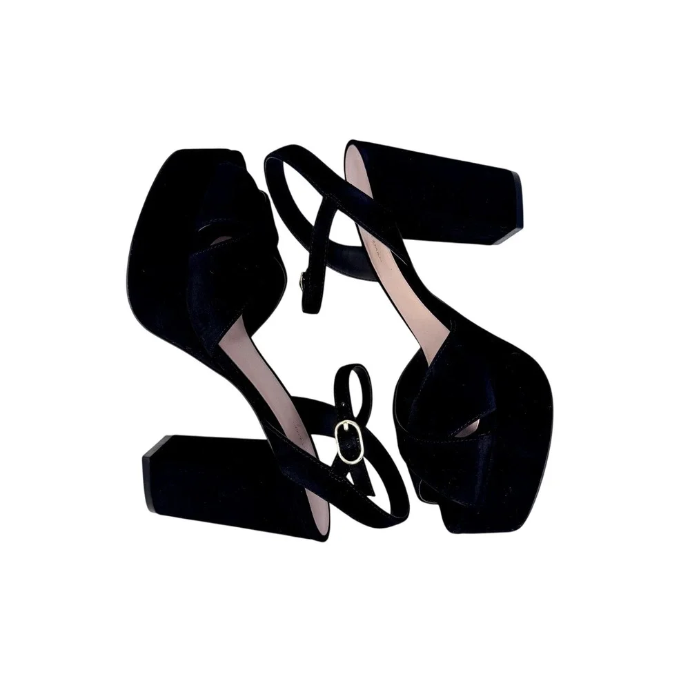 Stuart Weitzman Black Suede Platform Block‎ Heel Sandals 10.5B SB286